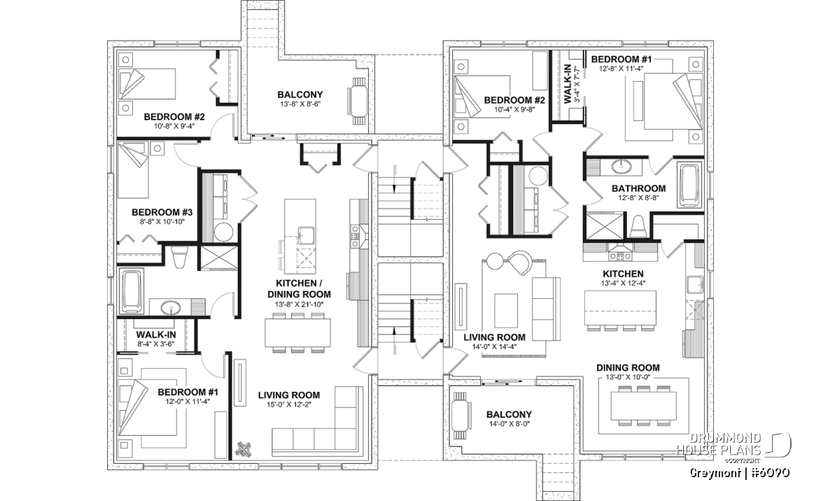 Basement - 8-Plex house plan with 2 or 3 bedrooms per unit, covered balcony, pantry in kitchen, walk-in in master bedroom - Greymont