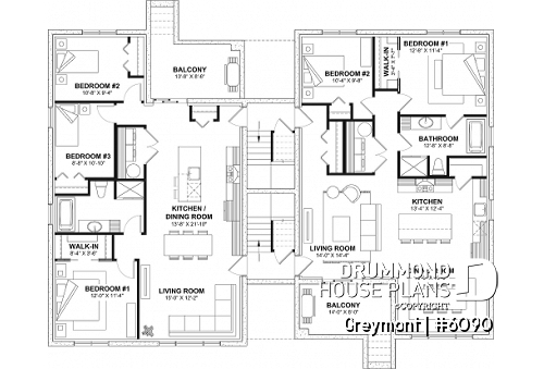 Basement - 8-Plex house plan with 2 or 3 bedrooms per unit, covered balcony, pantry in kitchen, walk-in in master bedroom - Greymont