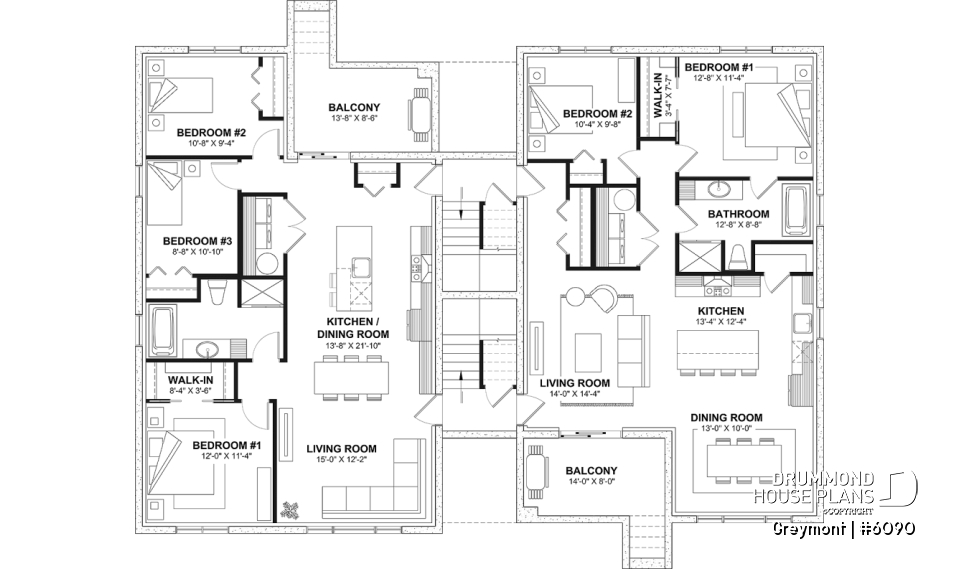 Basement - 8-Plex house plan with 2 or 3 bedrooms per unit, covered balcony, pantry in kitchen, walk-in in master bedroom - Greymont