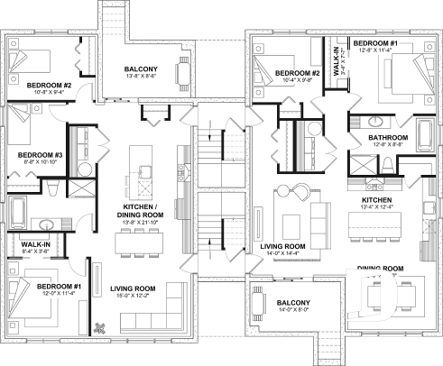 Basement - 8-Plex house plan with 2 or 3 bedrooms per unit, covered balcony, pantry in kitchen, walk-in in master bedroom - Greymont