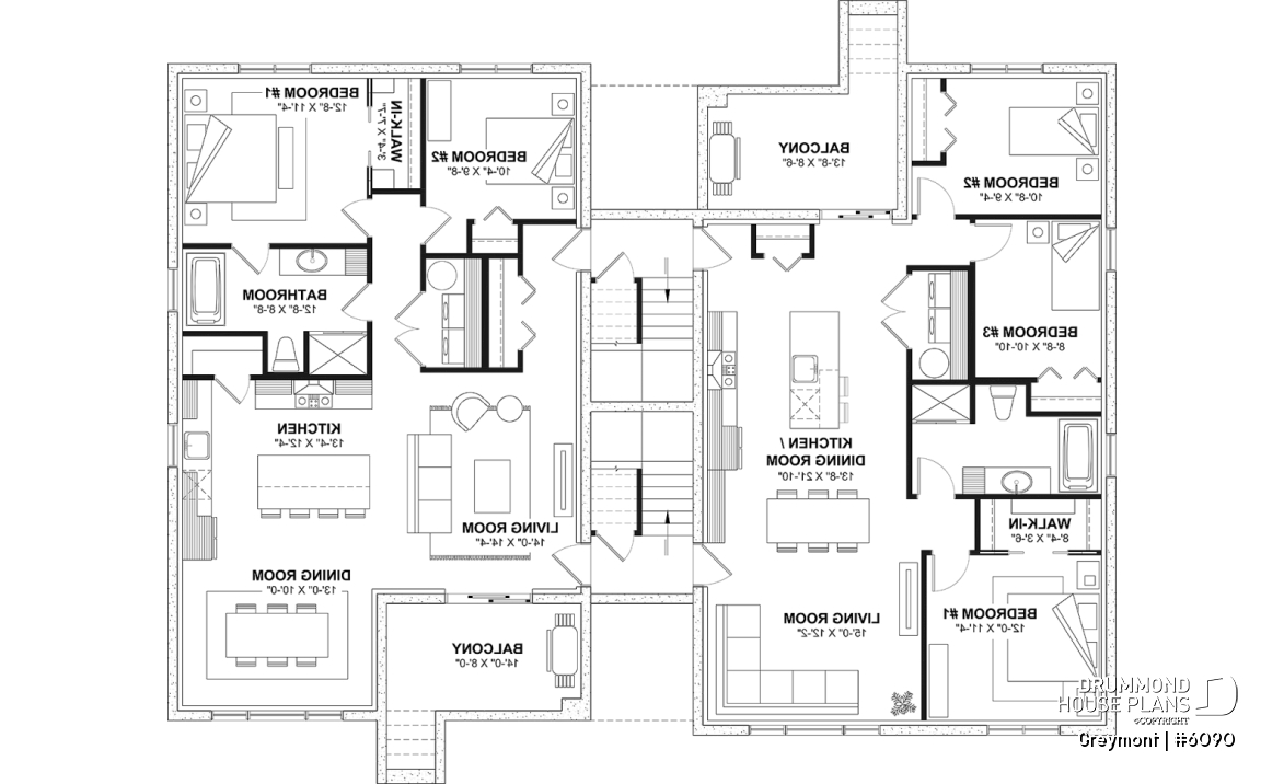 Basement - 8-Plex house plan with 2 or 3 bedrooms per unit, covered balcony, pantry in kitchen, walk-in in master bedroom - Greymont