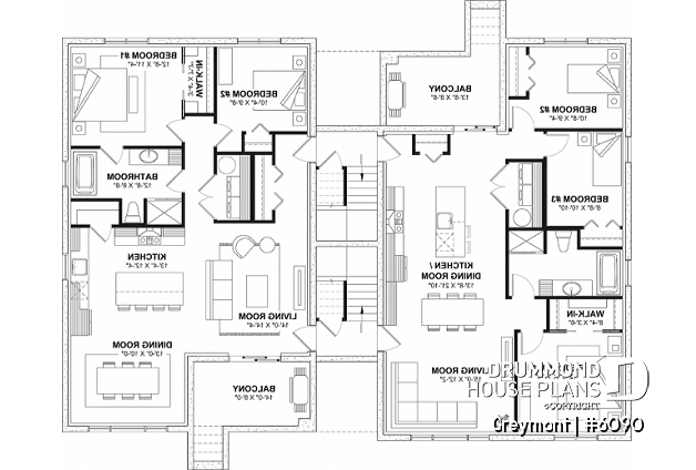 Basement - 8-Plex house plan with 2 or 3 bedrooms per unit, covered balcony, pantry in kitchen, walk-in in master bedroom - Greymont