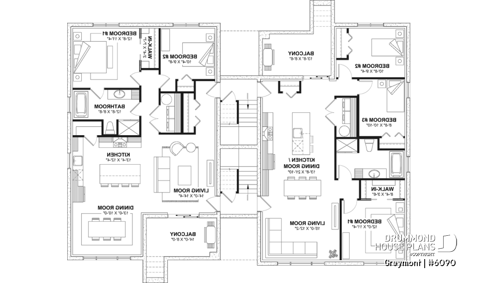 Basement - 8-Plex house plan with 2 or 3 bedrooms per unit, covered balcony, pantry in kitchen, walk-in in master bedroom - Greymont
