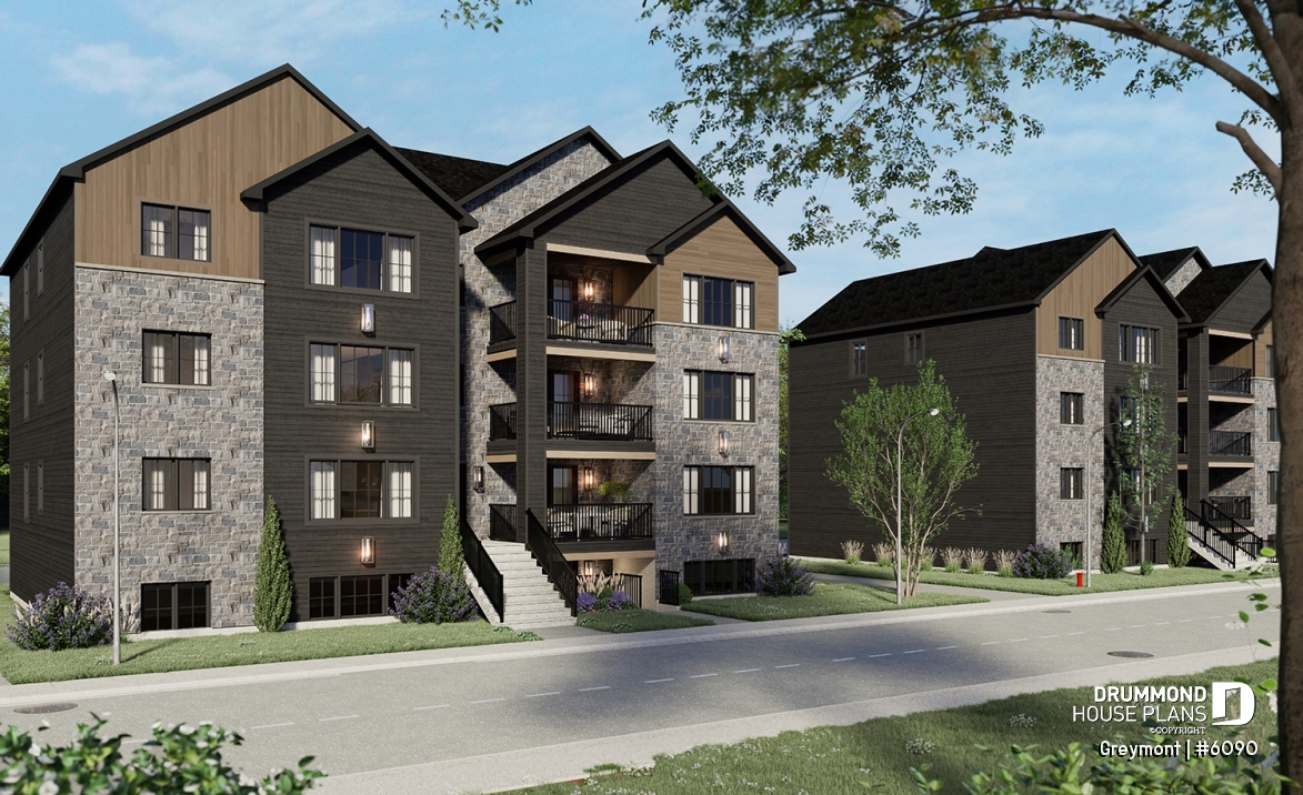 front - BASE MODEL - 8-Plex house plan with 2 or 3 bedrooms per unit, covered balcony, pantry in kitchen, walk-in in master bedroom - Greymont