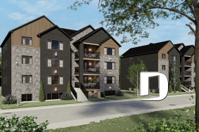 front - BASE MODEL - 8-Plex house plan with 2 or 3 bedrooms per unit, covered balcony, pantry in kitchen, walk-in in master bedroom - Greymont