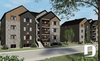 front - BASE MODEL - 8-Plex house plan with 2 or 3 bedrooms per unit, covered balcony, pantry in kitchen, walk-in in master bedroom - Greymont