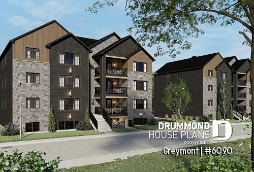 front - BASE MODEL - 8-Plex house plan with 2 or 3 bedrooms per unit, covered balcony, pantry in kitchen, walk-in in master bedroom - Greymont