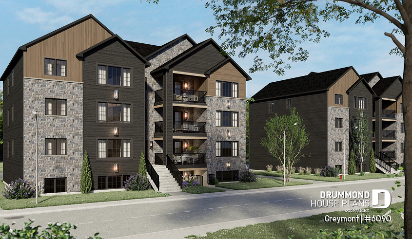 front - BASE MODEL - 8-Plex house plan with 2 or 3 bedrooms per unit, covered balcony, pantry in kitchen, walk-in in master bedroom - Greymont