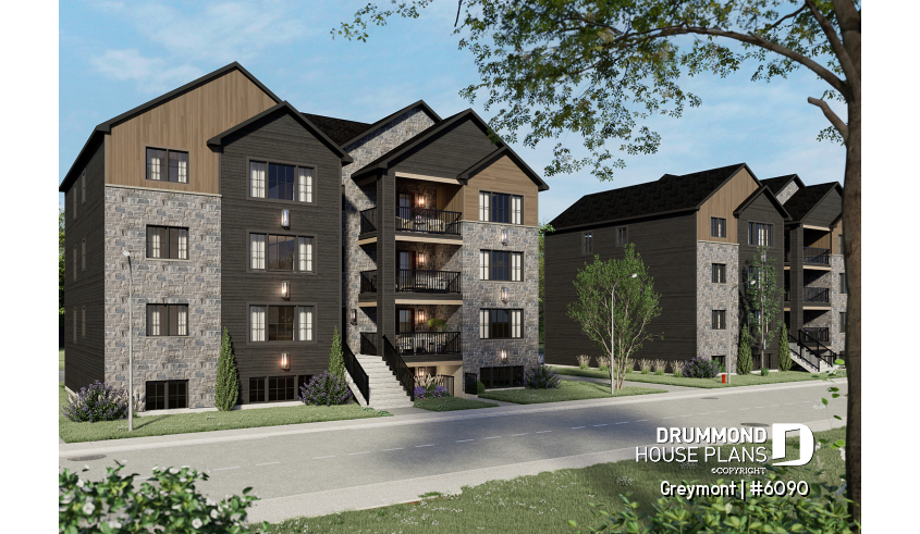 front - BASE MODEL - 8-Plex house plan with 2 or 3 bedrooms per unit, covered balcony, pantry in kitchen, walk-in in master bedroom - Greymont