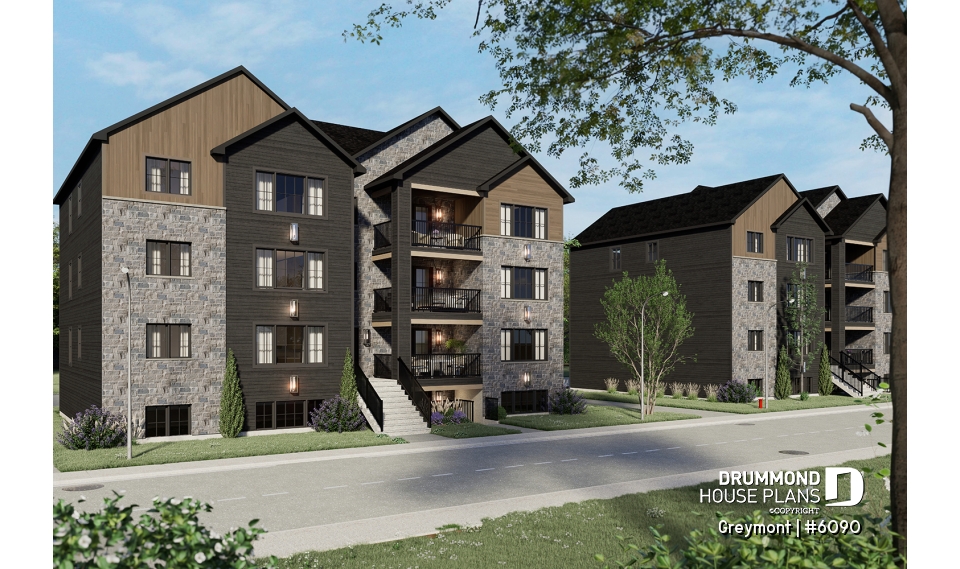 front - BASE MODEL - 8-Plex house plan with 2 or 3 bedrooms per unit, covered balcony, pantry in kitchen, walk-in in master bedroom - Greymont