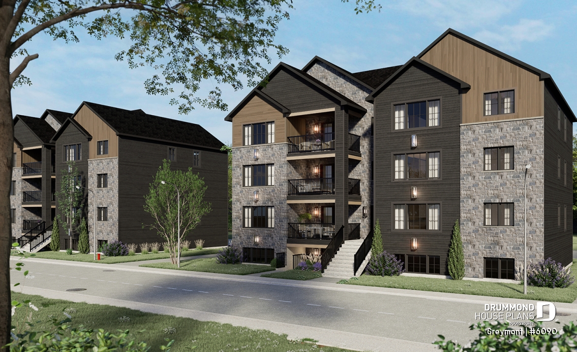 front - BASE MODEL - 8-Plex house plan with 2 or 3 bedrooms per unit, covered balcony, pantry in kitchen, walk-in in master bedroom - Greymont