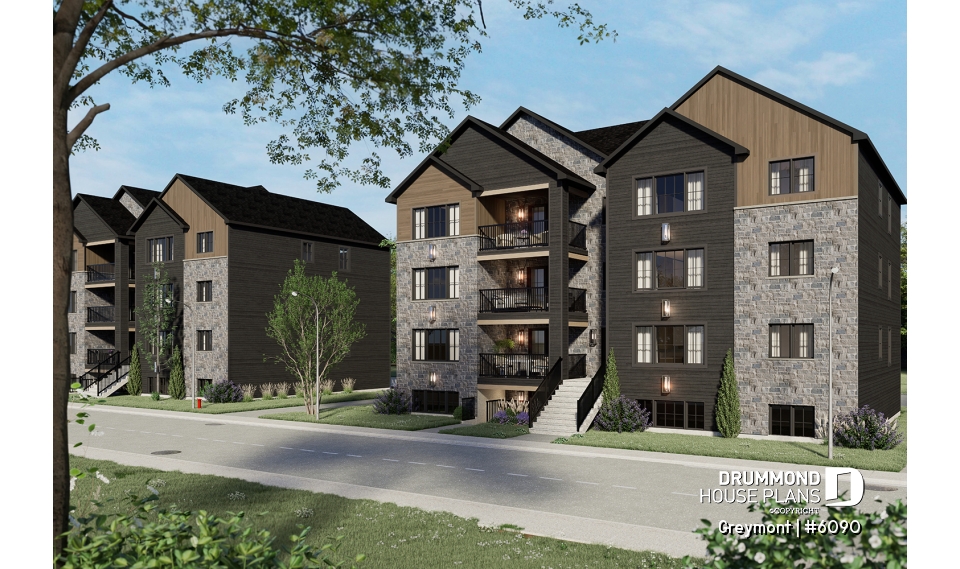 front - BASE MODEL - 8-Plex house plan with 2 or 3 bedrooms per unit, covered balcony, pantry in kitchen, walk-in in master bedroom - Greymont