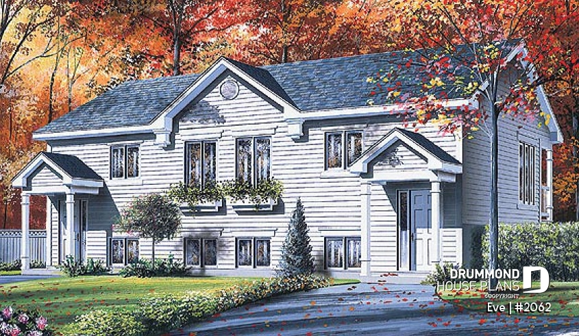 front - BASE MODEL - Traditional 3 bedrooms, 1.5 baths semi-detached house plan with large kitchen and lots of natural light - Eve