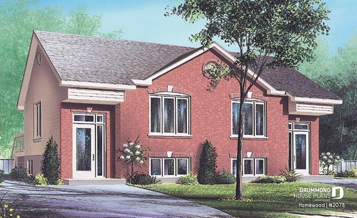 front - BASE MODEL - Traditional 3 bedroom duplex house plan, spacious family room,  laundry on main floor, split entry - Homewood