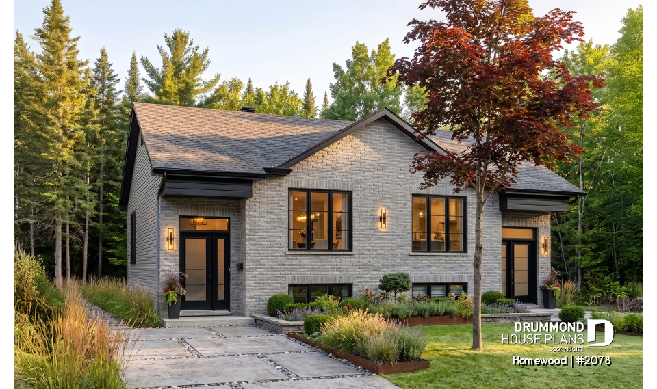 front - BASE MODEL - Traditional 3 bedroom duplex house plan, spacious family room,  laundry on main floor, split entry - Homewood