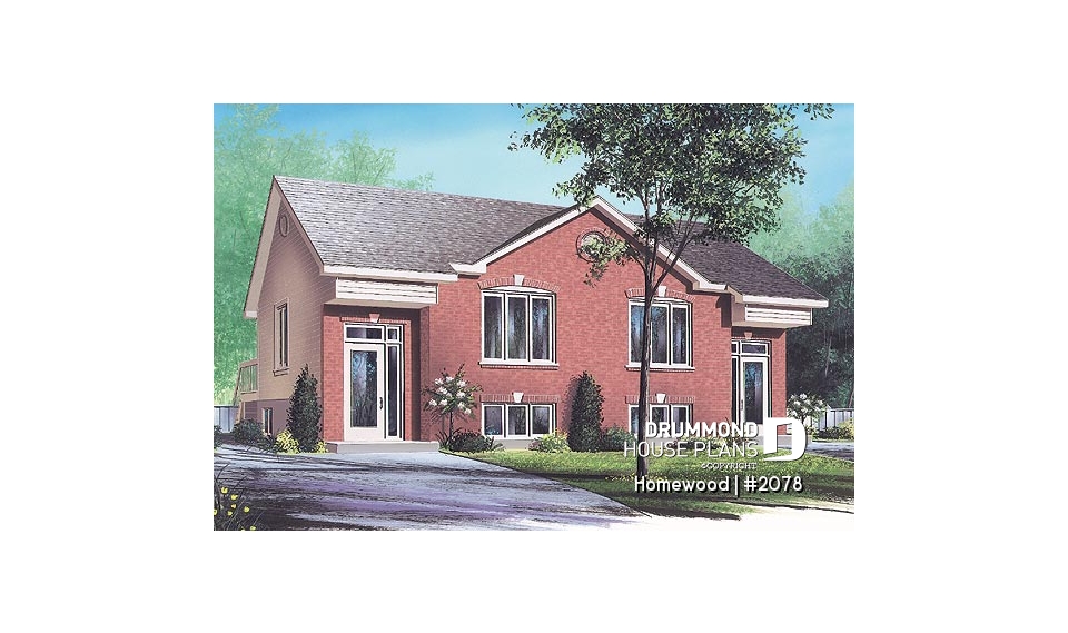 front - BASE MODEL - Traditional 3 bedroom duplex house plan, spacious family room,  laundry on main floor, split entry - Homewood