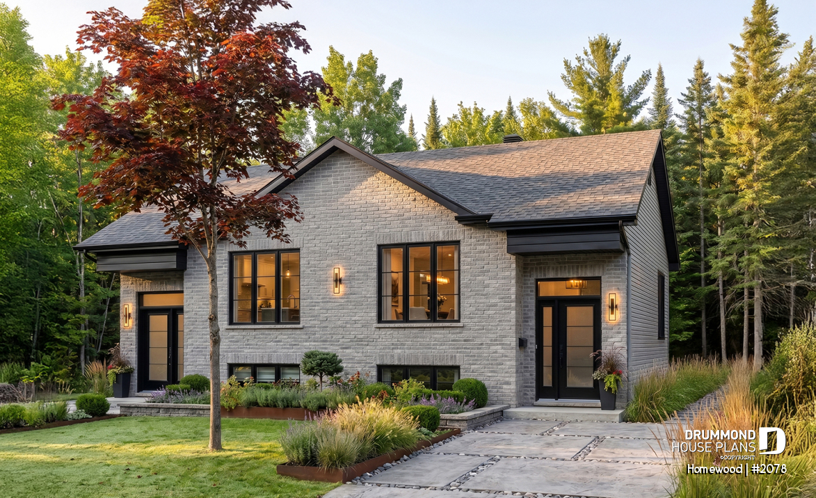front - BASE MODEL - Traditional 3 bedroom duplex house plan, spacious family room,  laundry on main floor, split entry - Homewood