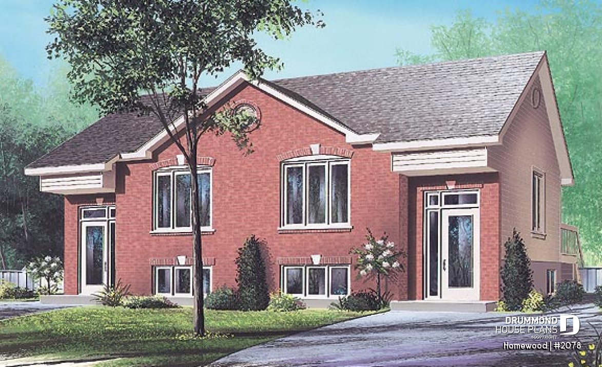 front - BASE MODEL - Traditional 3 bedroom duplex house plan, spacious family room,  laundry on main floor, split entry - Homewood
