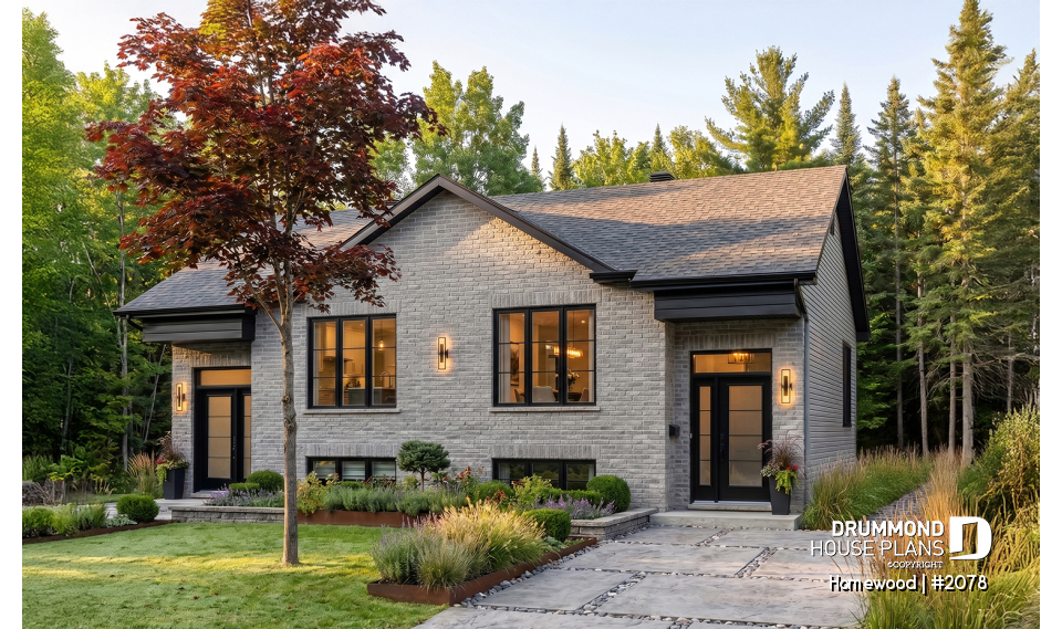 front - BASE MODEL - Traditional 3 bedroom duplex house plan, spacious family room,  laundry on main floor, split entry - Homewood