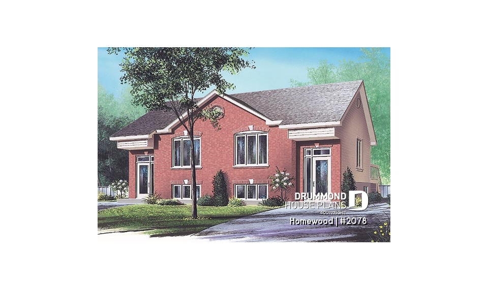 front - BASE MODEL - Traditional 3 bedroom duplex house plan, spacious family room,  laundry on main floor, split entry - Homewood