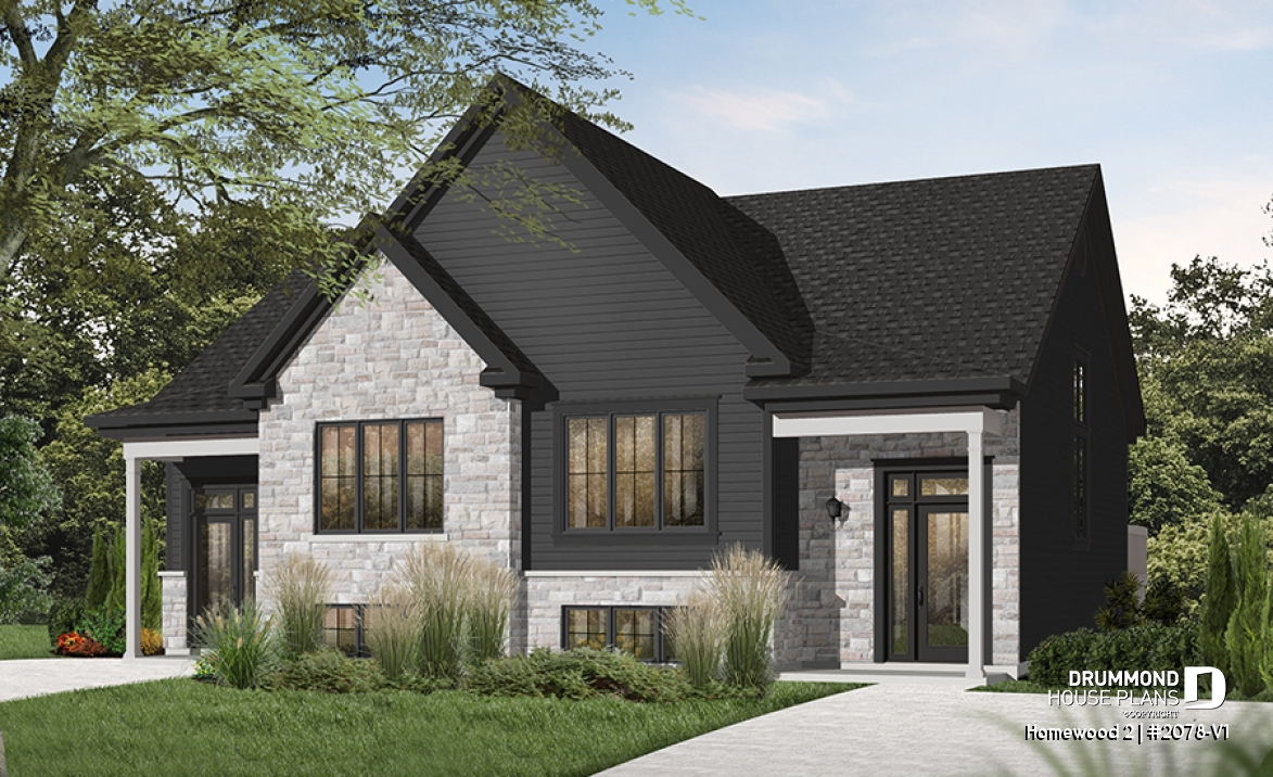front - BASE MODEL - Semi detached, 3 bedroom, 2 bathroom house plan with laudry room on main, open concept, large kitchen - Homewood 2