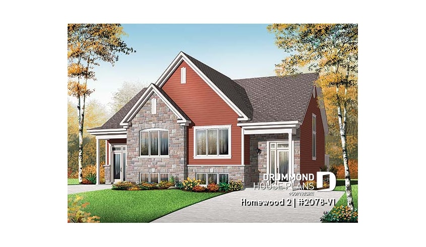 front - BASE MODEL - Semi detached, 3 bedroom, 2 bathroom house plan with laudry room on main, open concept, large kitchen - Homewood 2