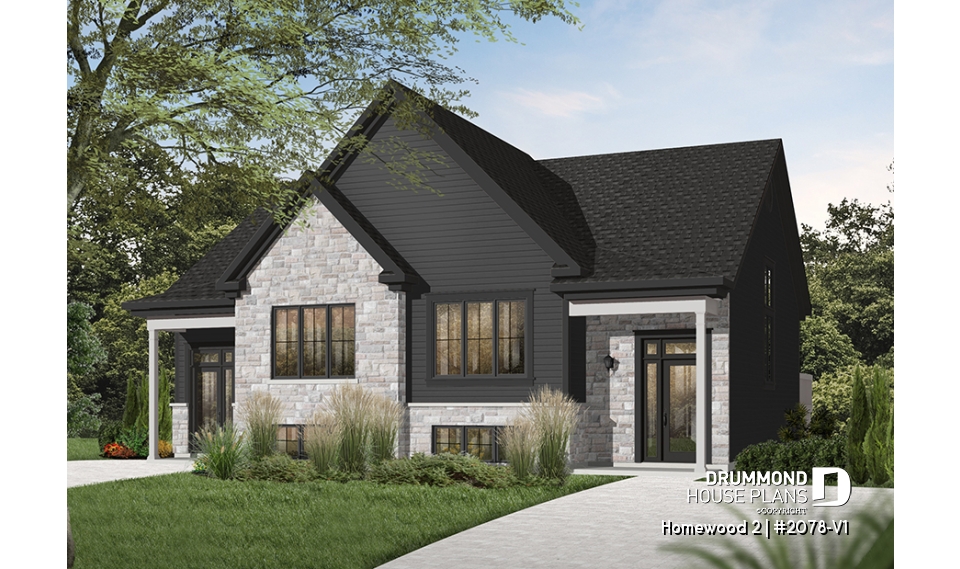 front - BASE MODEL - Semi detached, 3 bedroom, 2 bathroom house plan with laudry room on main, open concept, large kitchen - Homewood 2