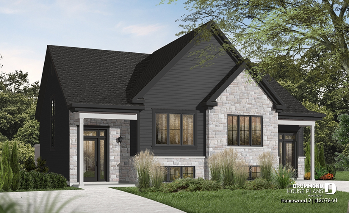 front - BASE MODEL - Semi detached, 3 bedroom, 2 bathroom house plan with laudry room on main, open concept, large kitchen - Homewood 2
