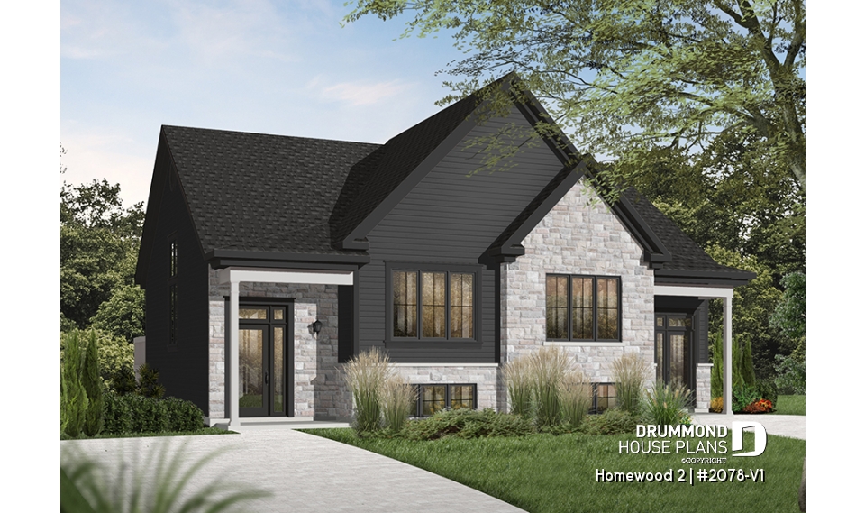 front - BASE MODEL - Semi detached, 3 bedroom, 2 bathroom house plan with laudry room on main, open concept, large kitchen - Homewood 2