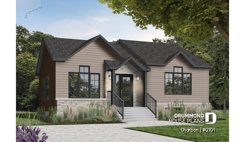 Color version 2 - Front - Cathedral ceiling 3 bedroom Modern house plan, small affordable home, laundry closet on main floor - Charbon