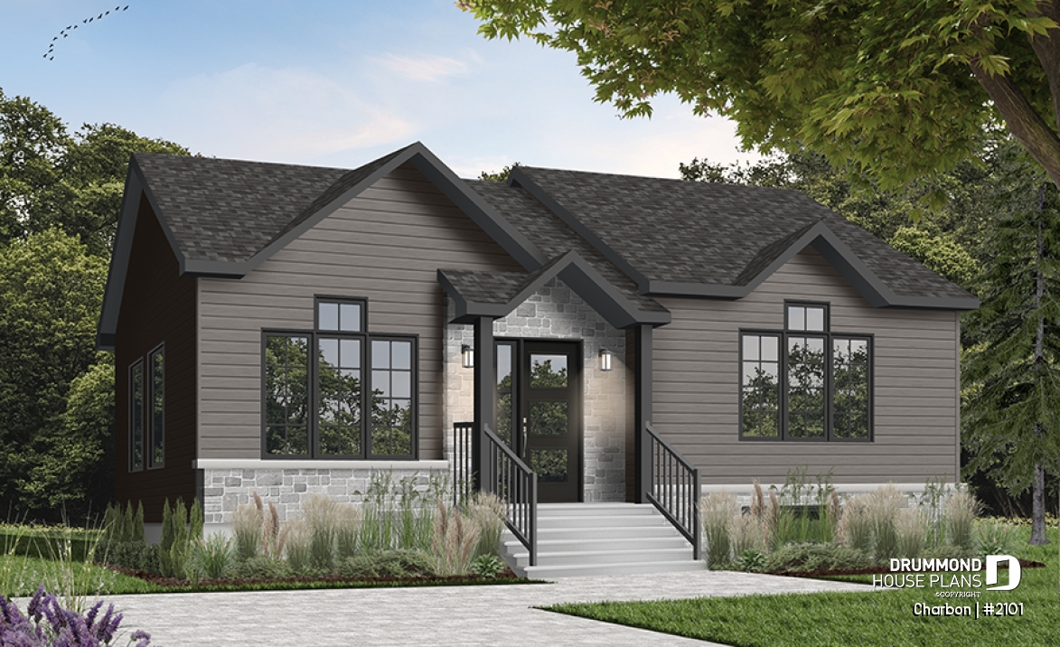Color version 4 - Front - Cathedral ceiling 3 bedroom Modern house plan, small affordable home, laundry closet on main floor - Charbon