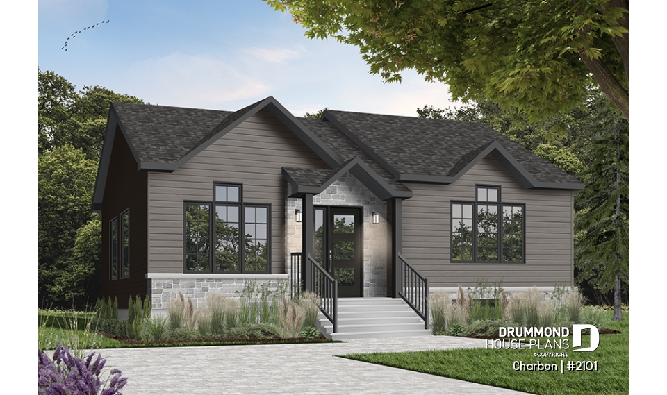 Color version 4 - Front - Cathedral ceiling 3 bedroom Modern house plan, small affordable home, laundry closet on main floor - Charbon