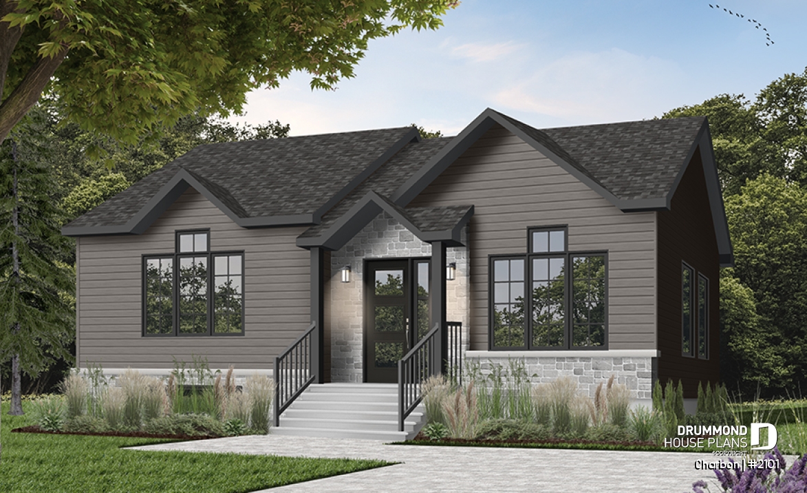 Color version 4 - Front - Cathedral ceiling 3 bedroom Modern house plan, small affordable home, laundry closet on main floor - Charbon