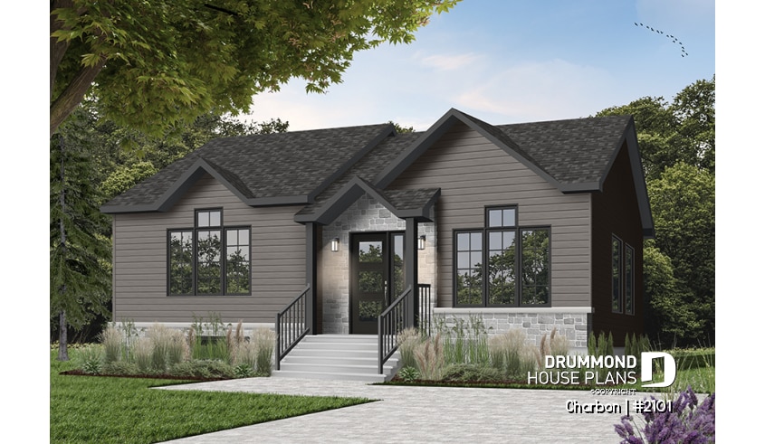 Color version 4 - Front - Cathedral ceiling 3 bedroom Modern house plan, small affordable home, laundry closet on main floor - Charbon