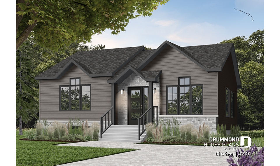 Color version 4 - Front - Cathedral ceiling 3 bedroom Modern house plan, small affordable home, laundry closet on main floor - Charbon