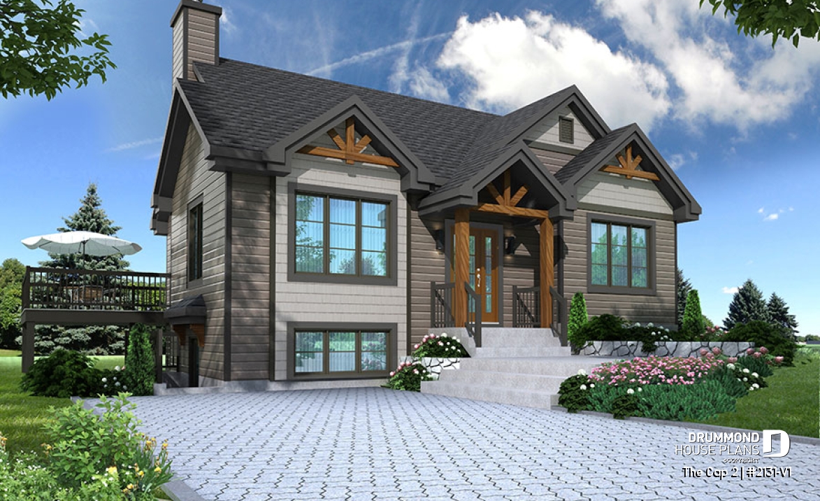 front - BASE MODEL - Modern rustic home style, 1 to 3 bedrooms, finished walkout basement, large deck, central fireplace - The Cap 2