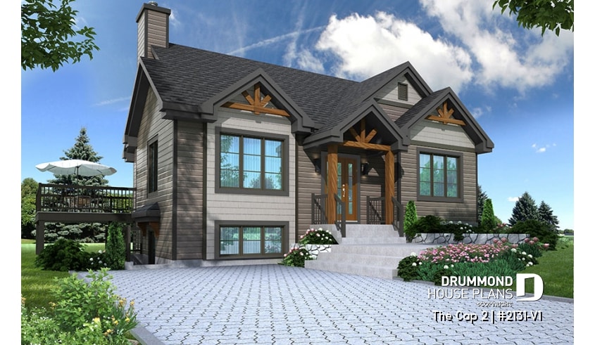 front - BASE MODEL - Modern rustic home style, 1 to 3 bedrooms, finished walkout basement, large deck, central fireplace - The Cap 2