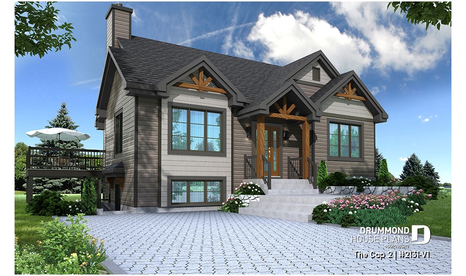 front - BASE MODEL - Modern rustic home style, 1 to 3 bedrooms, finished walkout basement, large deck, central fireplace - The Cap 2