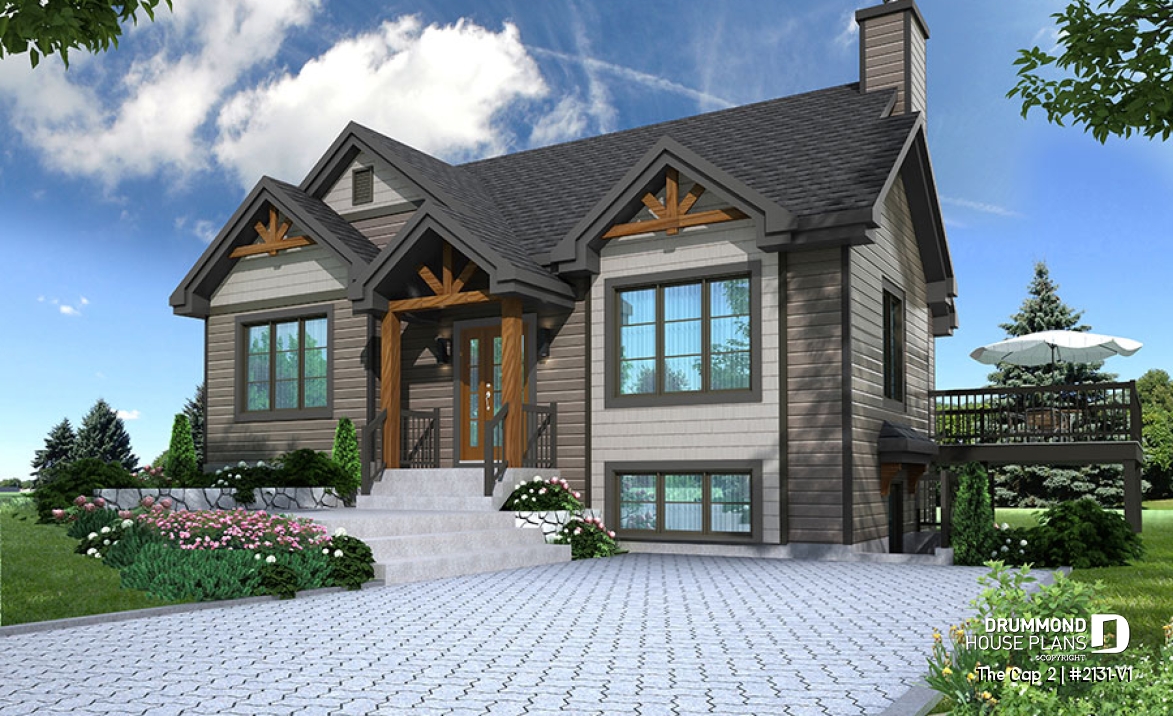 front - BASE MODEL - Modern rustic home style, 1 to 3 bedrooms, finished walkout basement, large deck, central fireplace - The Cap 2
