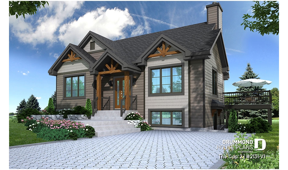 front - BASE MODEL - Modern rustic home style, 1 to 3 bedrooms, finished walkout basement, large deck, central fireplace - The Cap 2