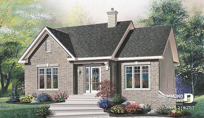 front - BASE MODEL - Affordable bungalow house plan with sunken living room, open concept, entry hall with coat closet - Frisco 2