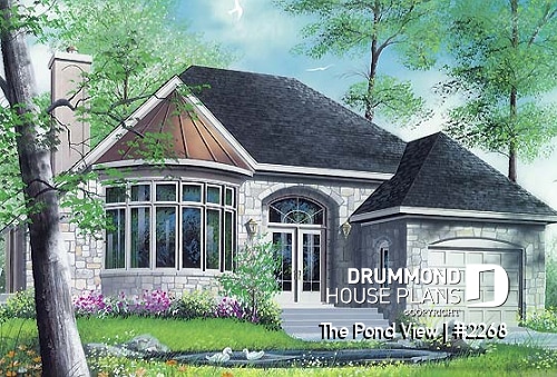 front - BASE MODEL - One or two bedroom option for this classical one-storey house plan with garage - The Pond View