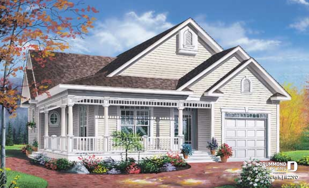 front - BASE MODEL - Low budget ranch style home with garage, 2 bedrooms, one-car garage, unfinished daylight basement - Meadowlark