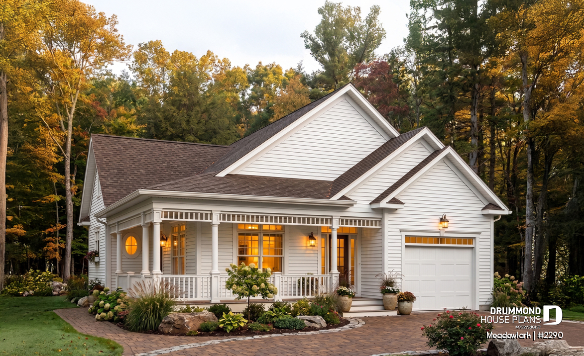 front - BASE MODEL - Low budget ranch style home with garage, 2 bedrooms, one-car garage, unfinished daylight basement - Meadowlark