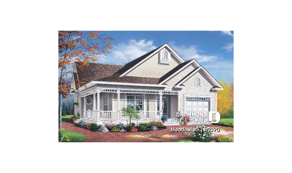 front - BASE MODEL - Low budget ranch style home with garage, 2 bedrooms, one-car garage, unfinished daylight basement - Meadowlark