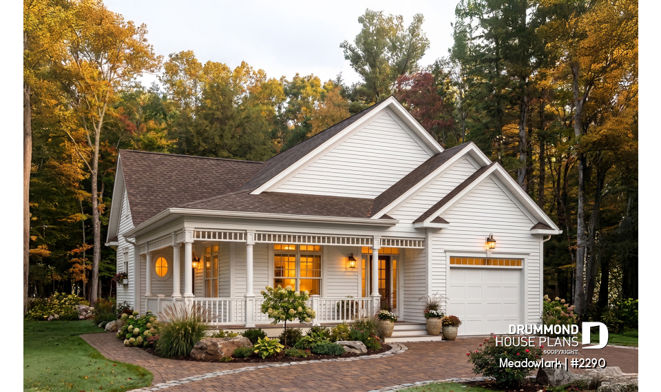 front - BASE MODEL - Low budget ranch style home with garage, 2 bedrooms, one-car garage, unfinished daylight basement - Meadowlark