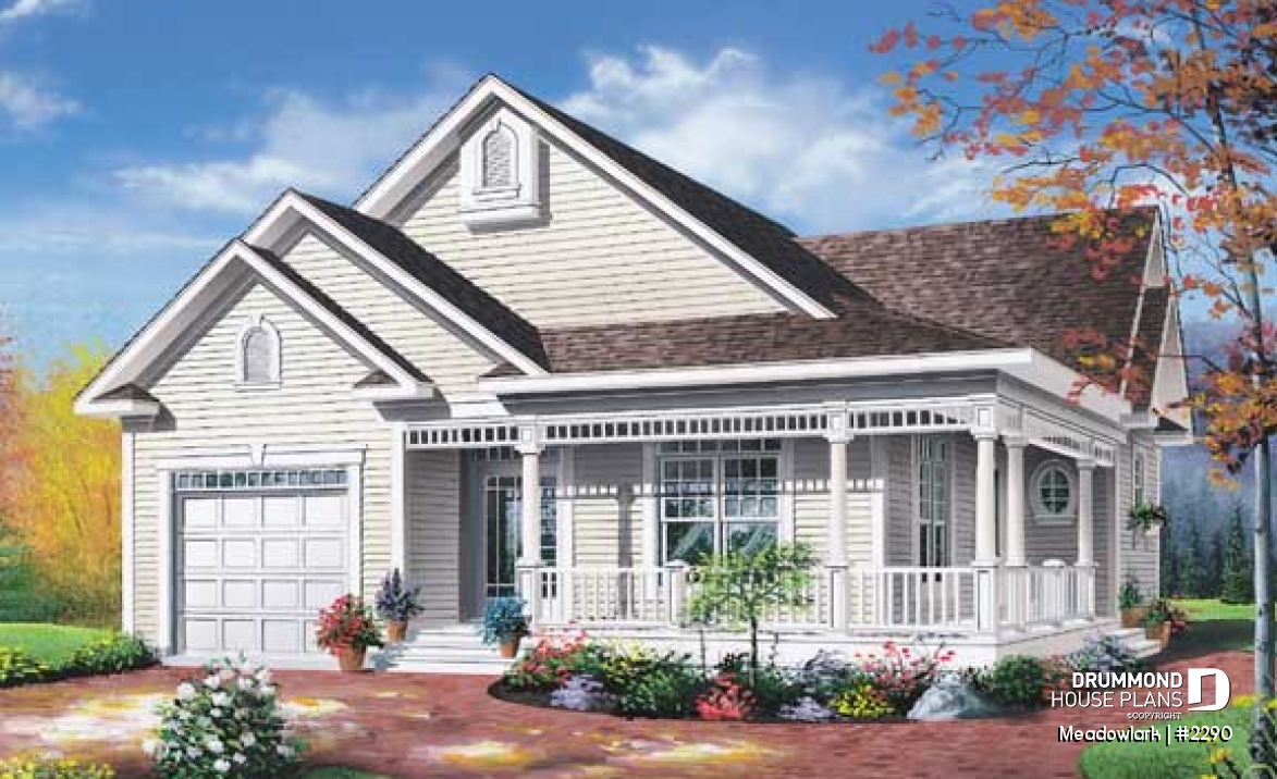 front - BASE MODEL - Low budget ranch style home with garage, 2 bedrooms, one-car garage, unfinished daylight basement - Meadowlark
