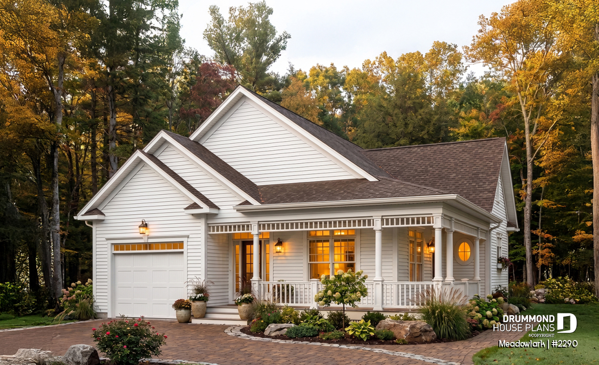 front - BASE MODEL - Low budget ranch style home with garage, 2 bedrooms, one-car garage, unfinished daylight basement - Meadowlark
