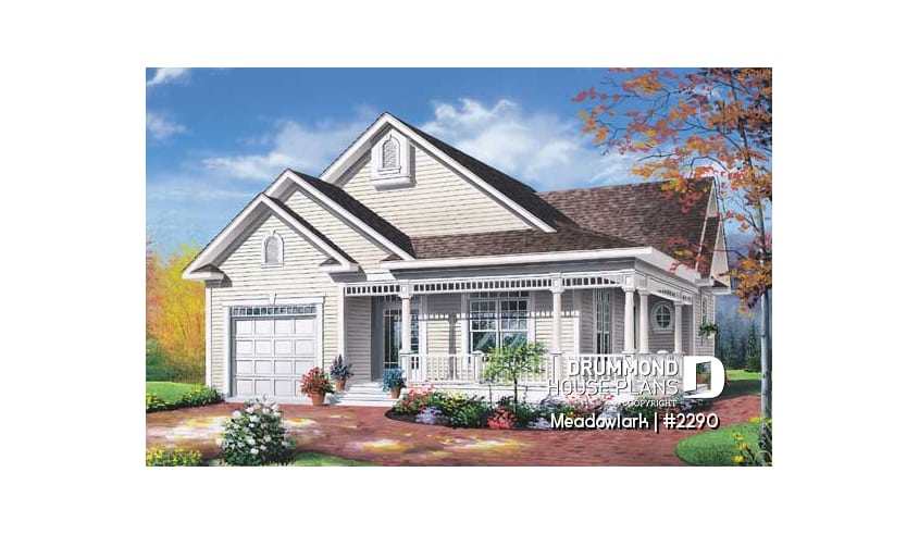 front - BASE MODEL - Low budget ranch style home with garage, 2 bedrooms, one-car garage, unfinished daylight basement - Meadowlark
