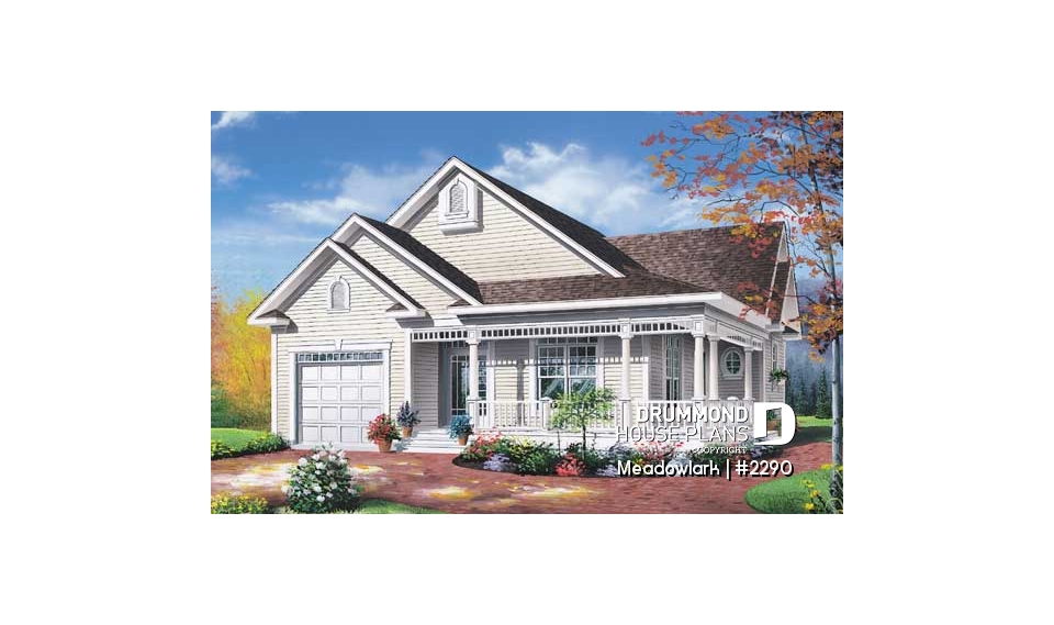 front - BASE MODEL - Low budget ranch style home with garage, 2 bedrooms, one-car garage, unfinished daylight basement - Meadowlark